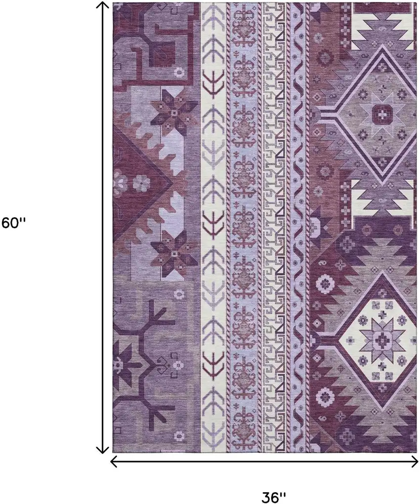 Purple Ivory And Gray Southwestern Washable Area Rug With UV Protection Photo 9