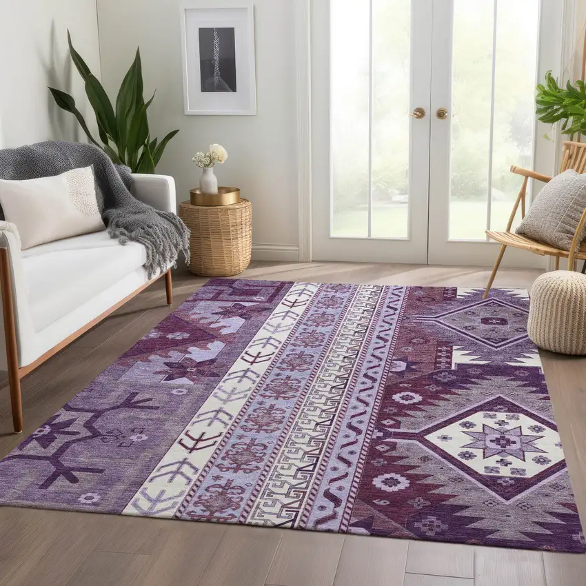 Purple Ivory And Gray Southwestern Washable Area Rug With UV Protection Photo 4