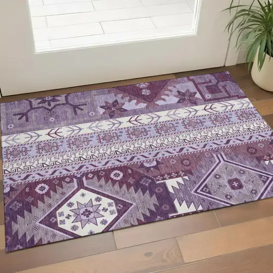 Purple Ivory And Gray Southwestern Washable Area Rug With UV Protection Photo 1