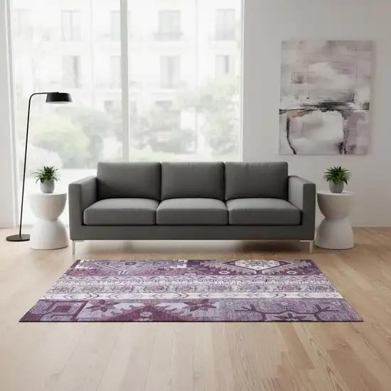 Purple Ivory And Gray Southwestern Washable Area Rug With UV Protection Photo 2
