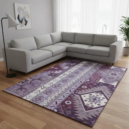 Purple Ivory And Gray Southwestern Washable Area Rug With UV Protection Photo 2