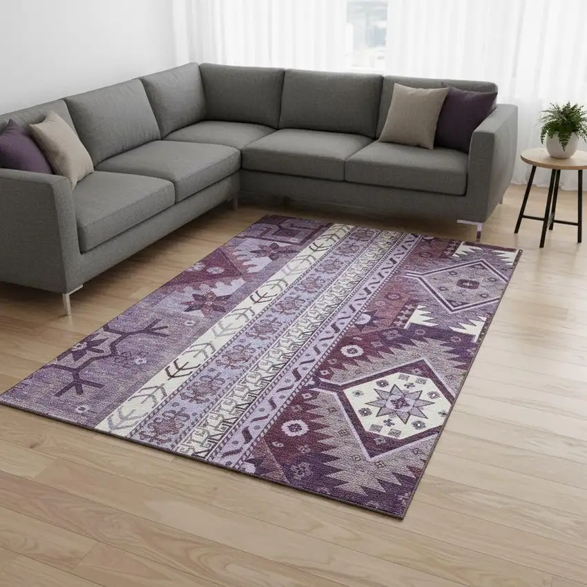 Purple Ivory And Gray Southwestern Washable Area Rug With UV Protection Photo 2