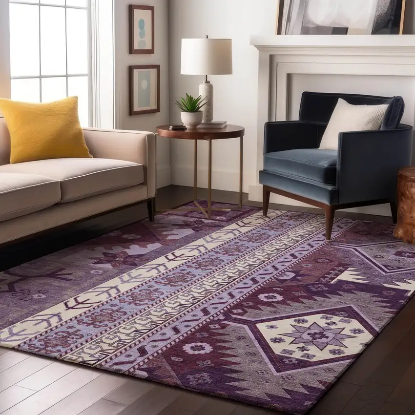 Purple Ivory And Gray Southwestern Washable Area Rug With UV Protection Photo 4