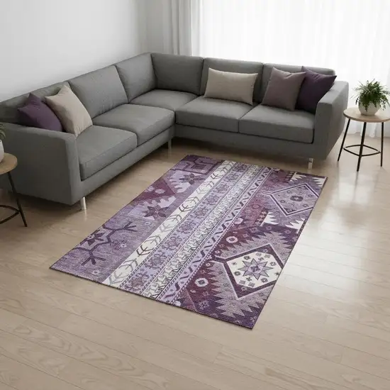 Purple Ivory And Gray Southwestern Washable Area Rug With UV Protection Photo 2
