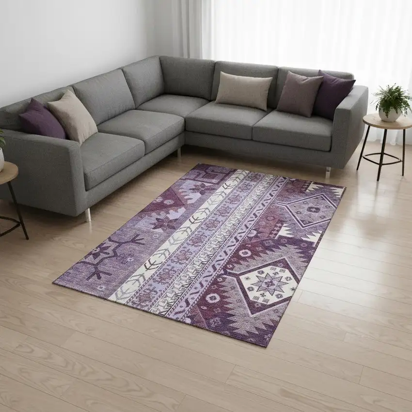 Purple Ivory And Gray Southwestern Washable Area Rug With UV Protection Photo 2