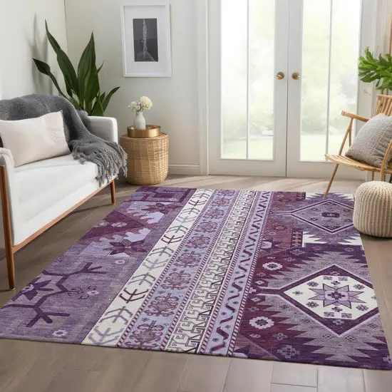 Purple Ivory And Gray Southwestern Washable Area Rug With UV Protection Photo 5