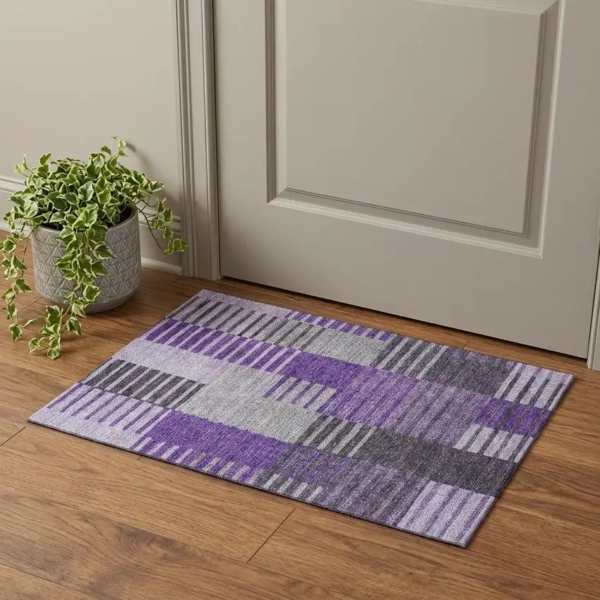 Purple Ivory And Gray Striped Washable Area Rug With UV Protection Photo 1