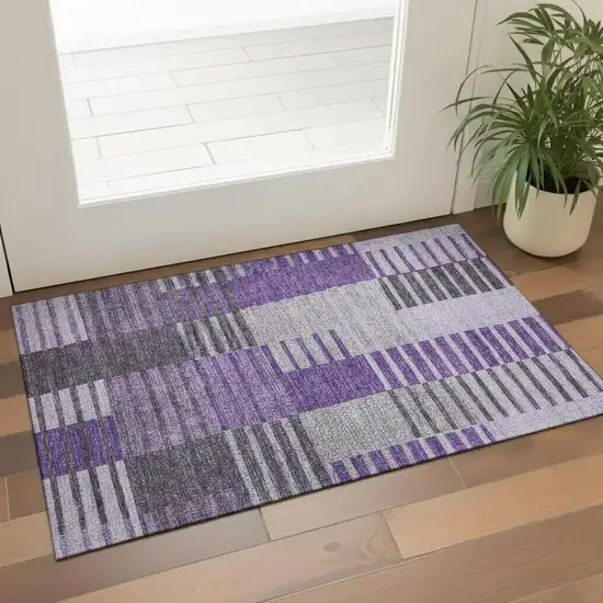 Purple Ivory And Gray Striped Washable Area Rug With UV Protection Photo 1