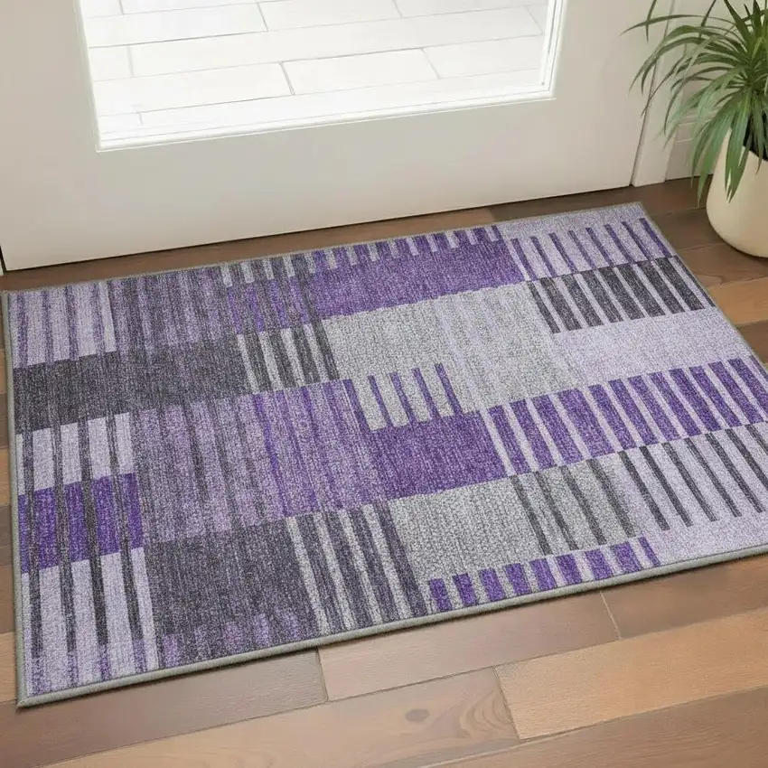 Purple Ivory And Gray Striped Washable Area Rug With UV Protection Photo 2