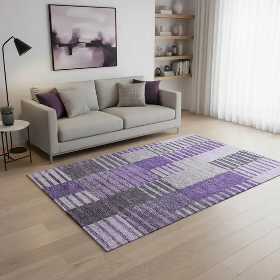 Purple Ivory And Gray Striped Washable Area Rug With UV Protection Photo 1