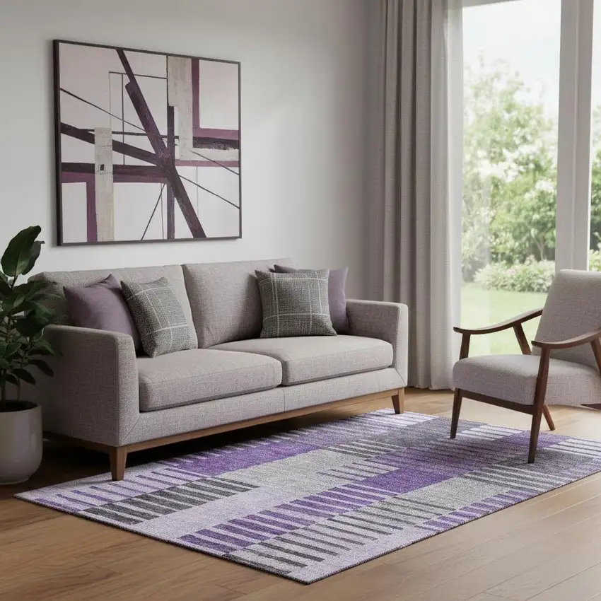 Purple Ivory And Gray Striped Washable Area Rug With UV Protection Photo 1