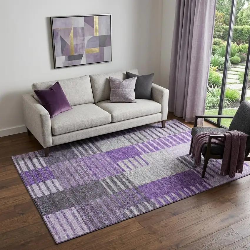 Purple Ivory And Gray Striped Washable Area Rug With UV Protection Photo 1