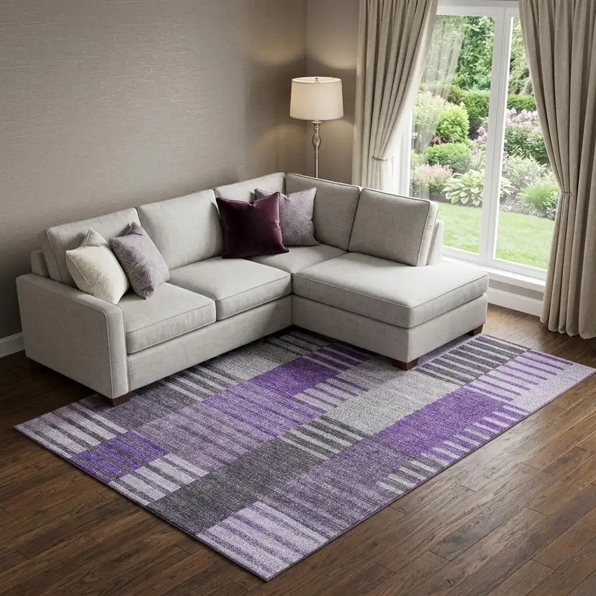 Purple Ivory And Gray Striped Washable Area Rug With UV Protection Photo 1