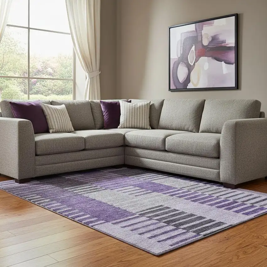 Purple Ivory And Gray Striped Washable Area Rug With UV Protection Photo 1