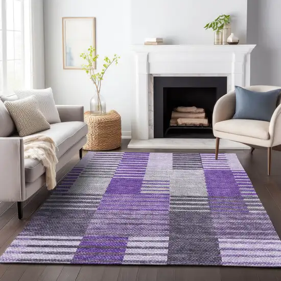 Purple Ivory And Gray Striped Washable Area Rug With UV Protection Photo 5