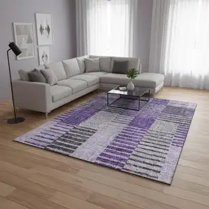 Photo of Purple Ivory And Gray Striped Washable Area Rug With UV Protection