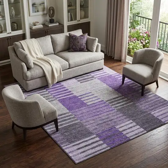 Purple Ivory And Gray Striped Washable Area Rug With UV Protection Photo 1