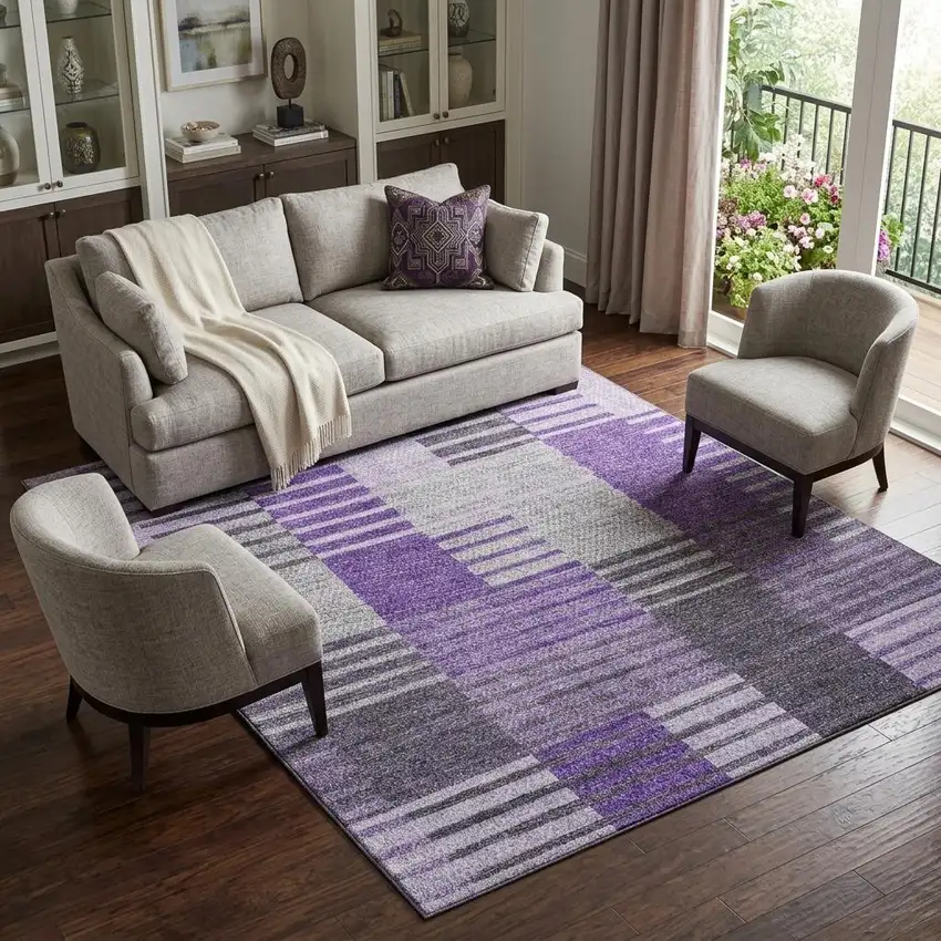 Purple Ivory And Gray Striped Washable Area Rug With UV Protection Photo 1