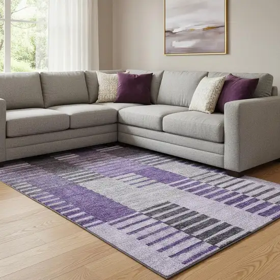 Purple Ivory And Gray Striped Washable Area Rug With UV Protection Photo 1