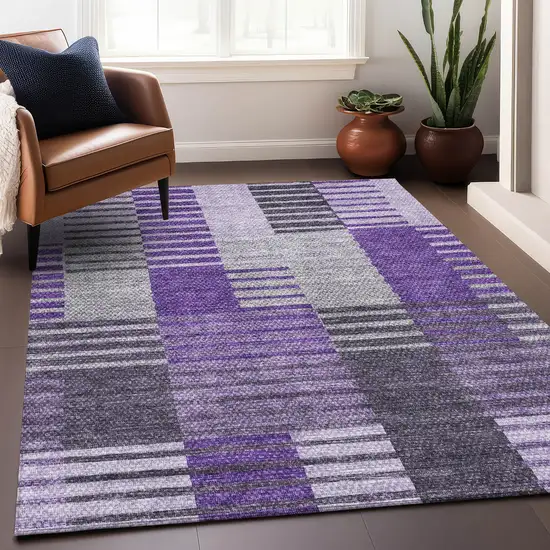 Purple Ivory And Gray Striped Washable Area Rug With UV Protection Photo 4