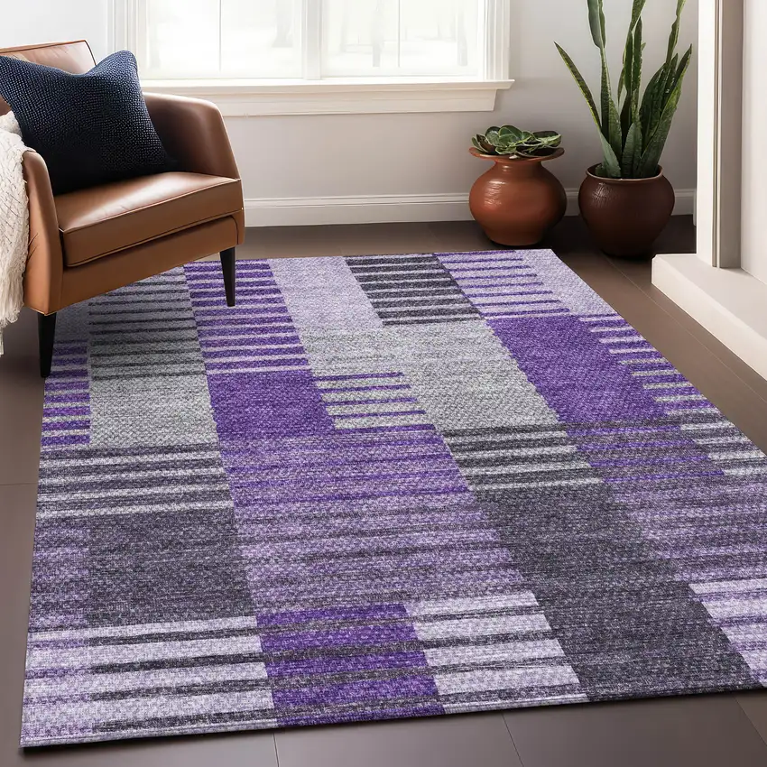 Purple Ivory And Gray Striped Washable Area Rug With UV Protection Photo 4