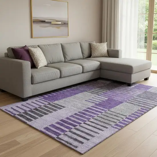 Purple Ivory And Gray Striped Washable Area Rug With UV Protection Photo 1