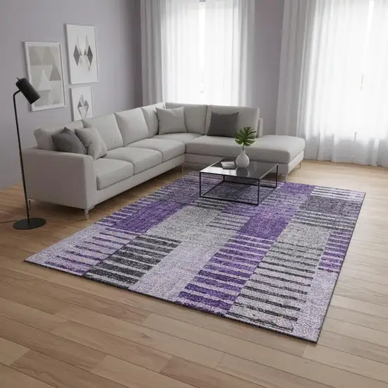 Purple Ivory And Gray Striped Washable Area Rug With UV Protection Photo 1