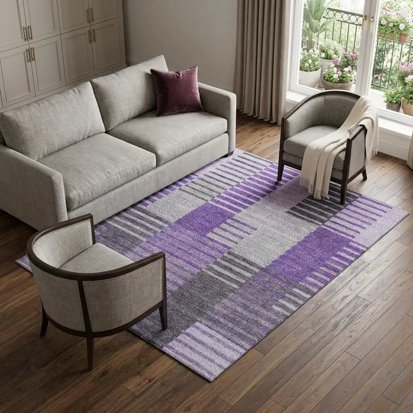 Purple Ivory And Gray Striped Washable Area Rug With UV Protection Photo 1