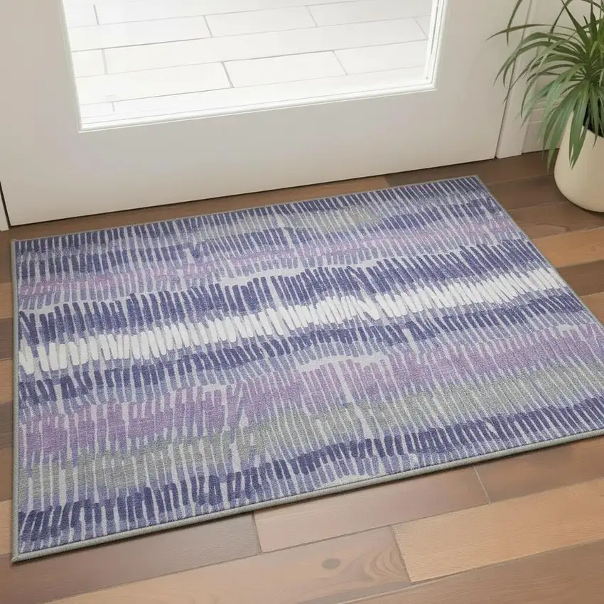 Purple Ivory And Gray Striped Washable Area Rug With UV Protection Photo 2