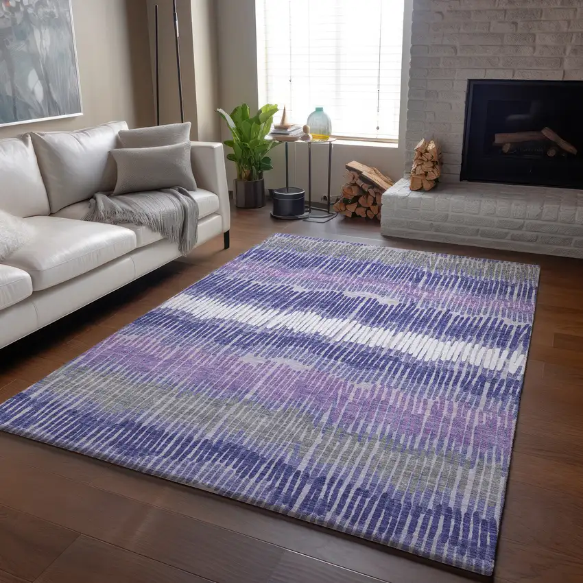 Purple Ivory And Gray Striped Washable Area Rug With UV Protection Photo 6