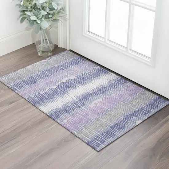 Purple Ivory And Gray Striped Washable Area Rug With UV Protection Photo 1