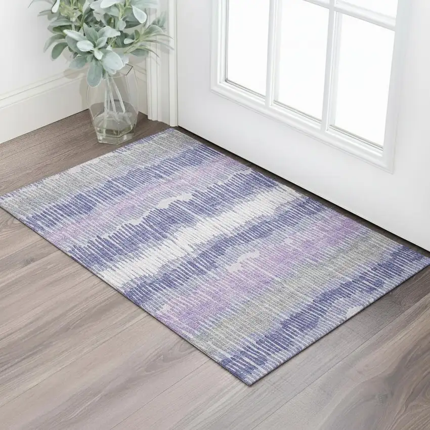 Purple Ivory And Gray Striped Washable Area Rug With UV Protection Photo 1