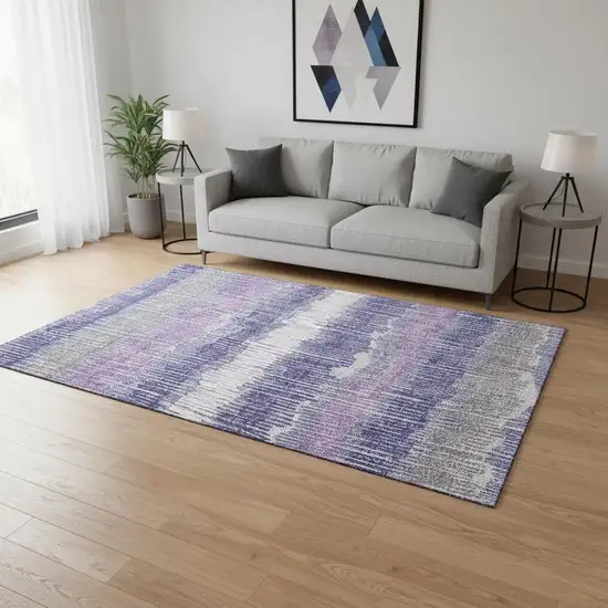 Purple Ivory And Gray Striped Washable Area Rug With UV Protection Photo 2