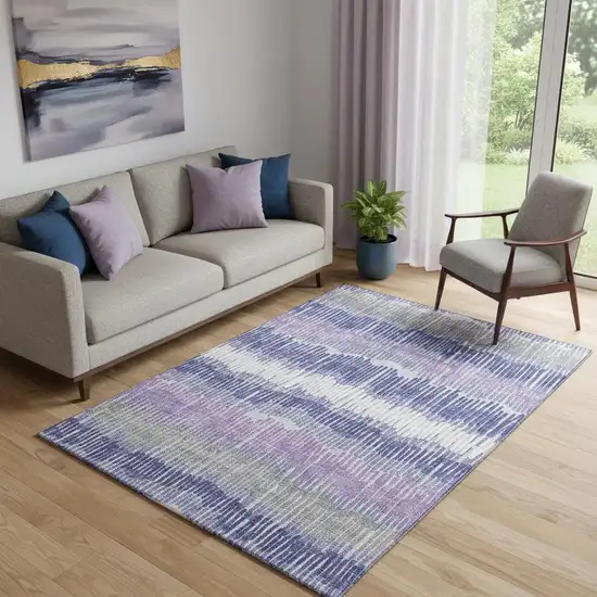 Purple Ivory And Gray Striped Washable Area Rug With UV Protection Photo 1