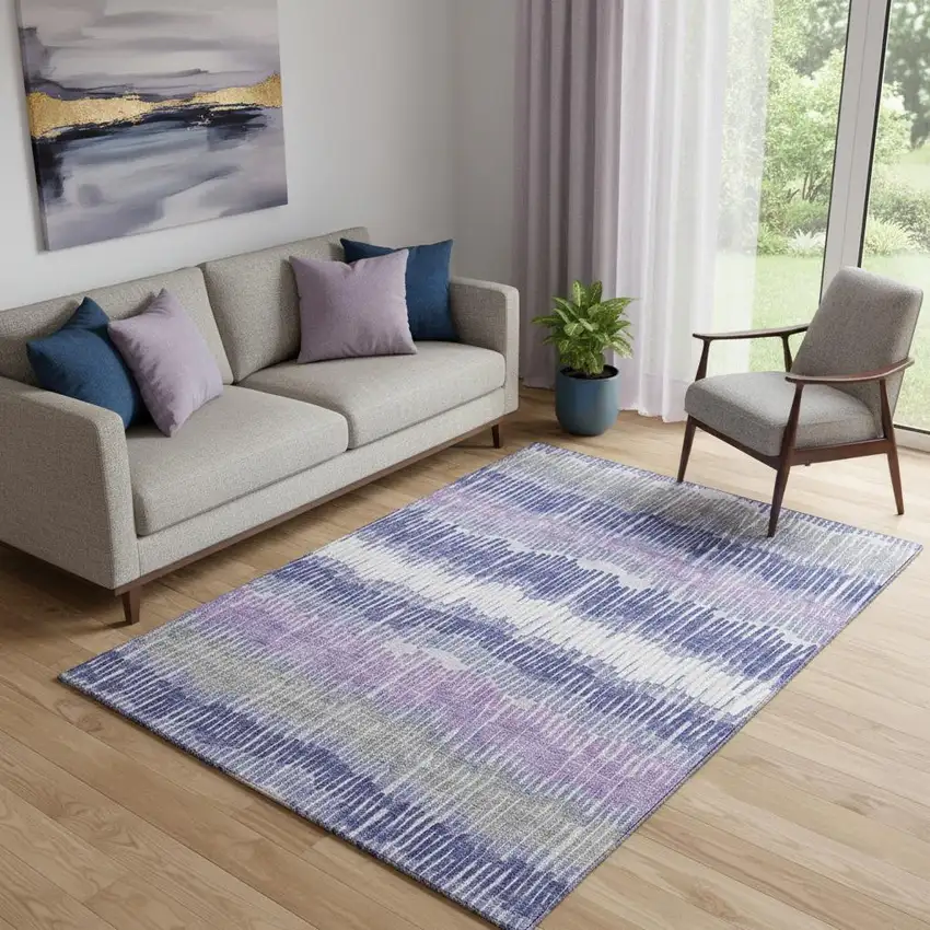 Purple Ivory And Gray Striped Washable Area Rug With UV Protection Photo 1