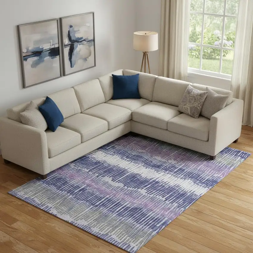 Purple Ivory And Gray Striped Washable Area Rug With UV Protection Photo 1