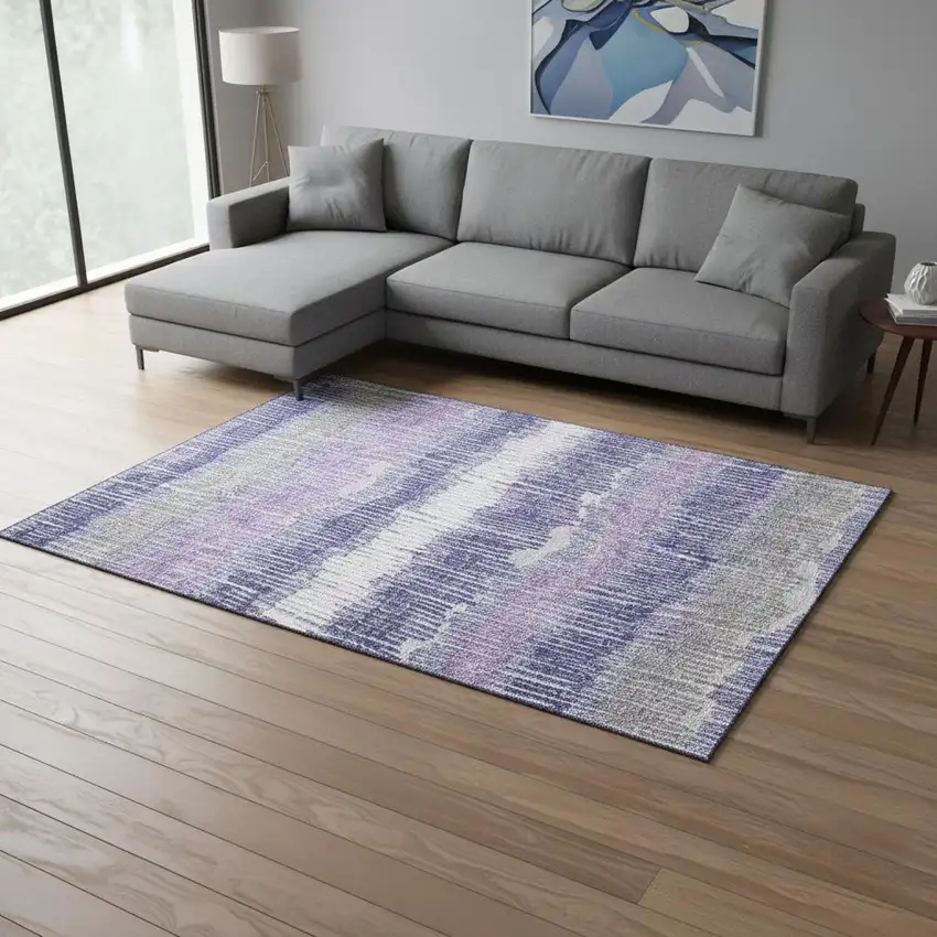 Purple Ivory And Gray Striped Washable Area Rug With UV Protection Photo 2