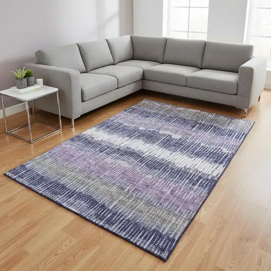 Purple Ivory And Gray Striped Washable Area Rug With UV Protection Photo 2