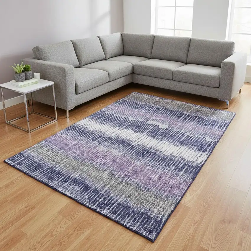 Purple Ivory And Gray Striped Washable Area Rug With UV Protection Photo 2