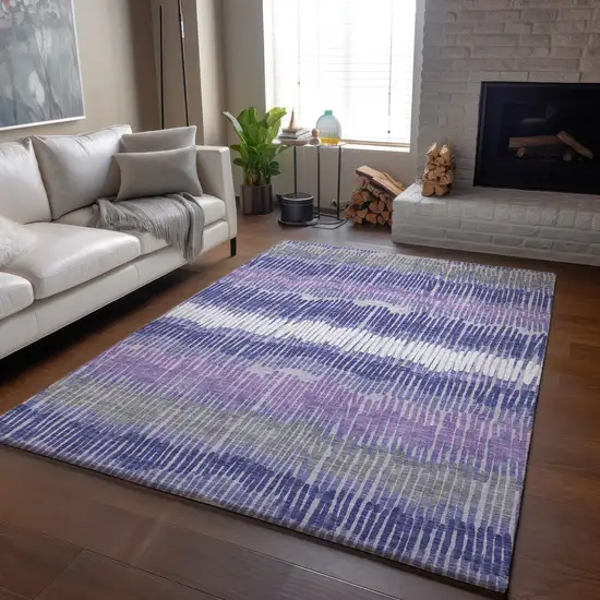 Purple Ivory And Gray Striped Washable Area Rug With UV Protection Photo 6