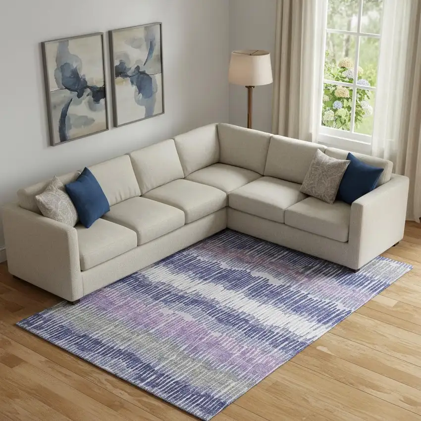 Purple Ivory And Gray Striped Washable Area Rug With UV Protection Photo 1