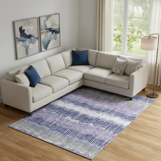Purple Ivory And Gray Striped Washable Area Rug With UV Protection Photo 1