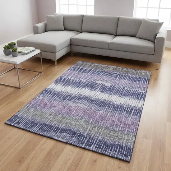 Purple Ivory And Gray Striped Washable Area Rug With UV Protection Photo 2