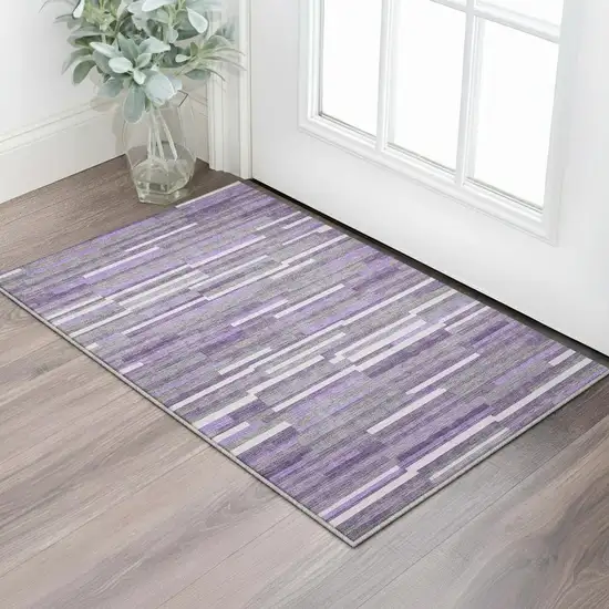 Purple Ivory And Gray Striped Washable Area Rug With UV Protection Photo 2