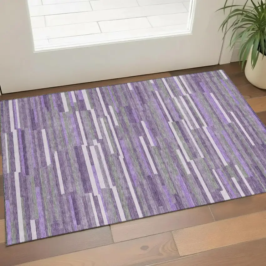 Purple Ivory And Gray Striped Washable Area Rug With UV Protection Photo 1