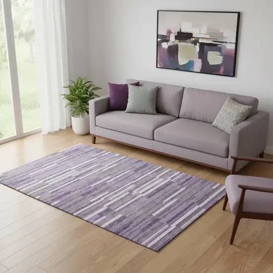 Purple Ivory And Gray Striped Washable Area Rug With UV Protection Photo 1