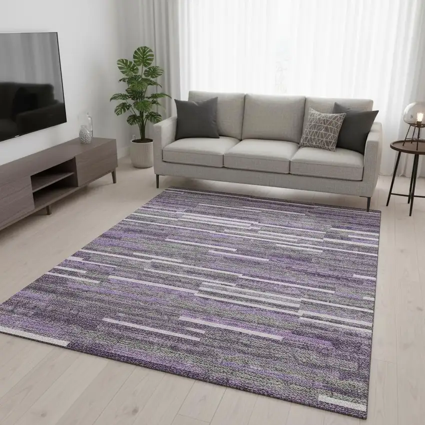 Purple Ivory And Gray Striped Washable Area Rug With UV Protection Photo 2