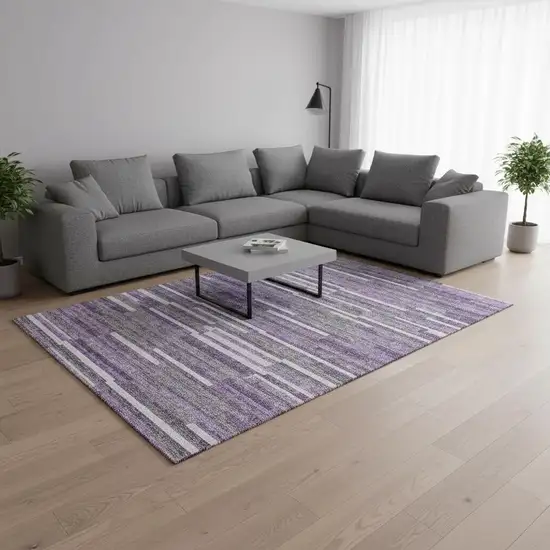 Purple Ivory And Gray Striped Washable Area Rug With UV Protection Photo 2