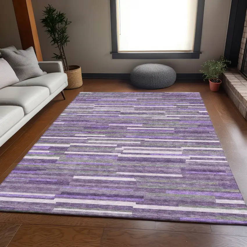 Purple Ivory And Gray Striped Washable Area Rug With UV Protection Photo 5