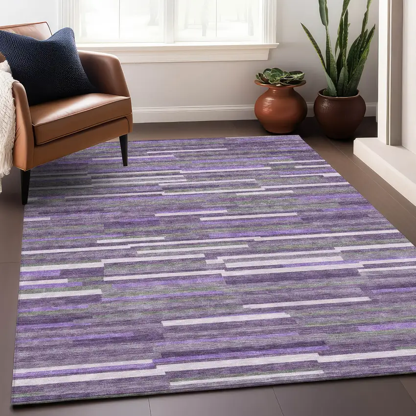 Purple Ivory And Gray Striped Washable Area Rug With UV Protection Photo 4